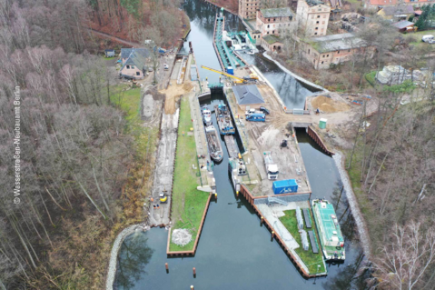 Aerial view of construction progress at Steinhavel barrage